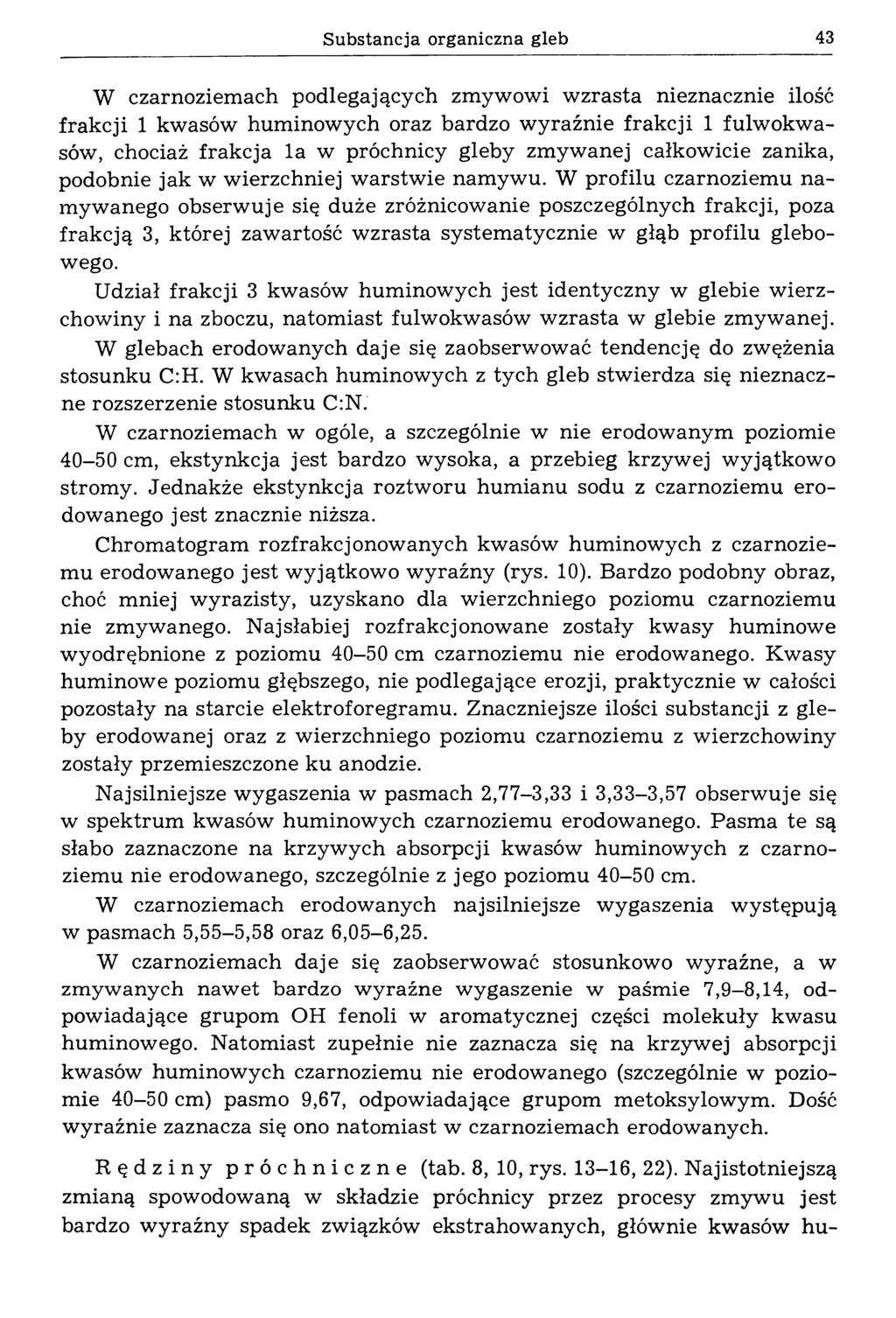 Substancja organiczna gleb 43 W czarnoziemach podlegających zmywowi w zrasta nieznacznie ilość frakcji 1 kwasów hum inowych oraz bardzo w yraźnie frakcji 1 fulw okw a- sów, chociaż frakcja la w
