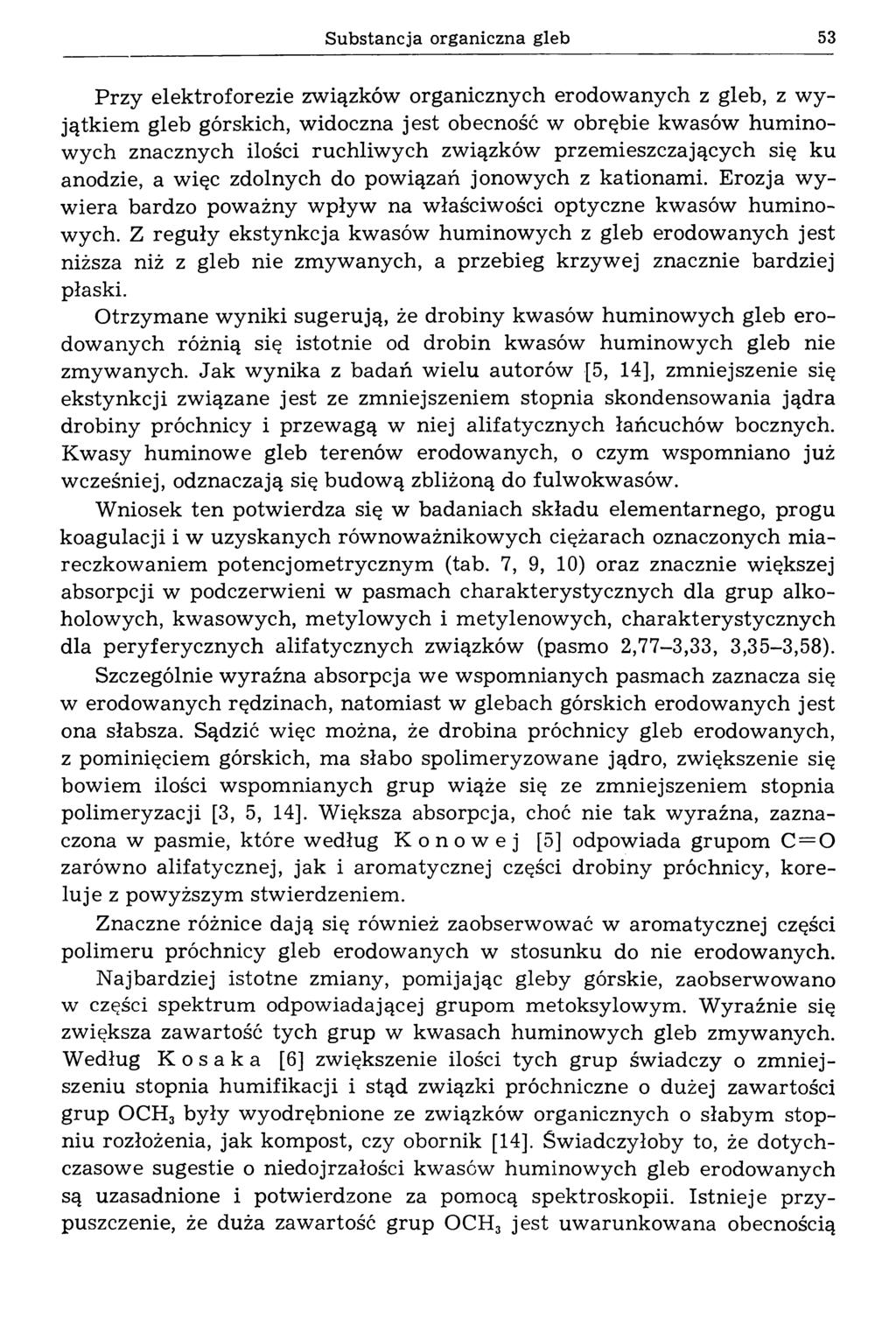 Substancja organiczna gleb 53 P rzy elektroforezie związków organicznych erodow anych z gleb, z w y jątk iem gleb górskich, widoczna jest obecność w obrębie kw asów hum inowych znacznych ilości