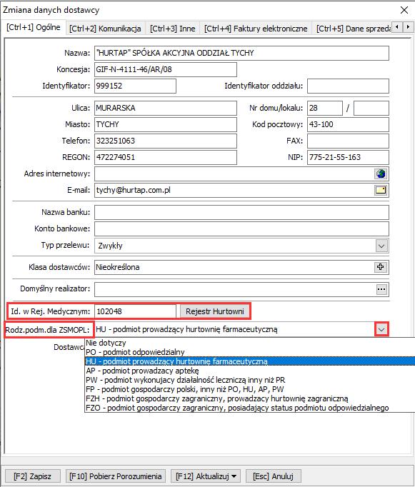 - KARTA DOSTAWCY dostępna w module APW22 KARTOTEKI, została rozbudowana o dodatkowe pola. Aby dane dla ZSMOPL były prawidłowo przekazywane, należy uzupełnić parametry: 1.