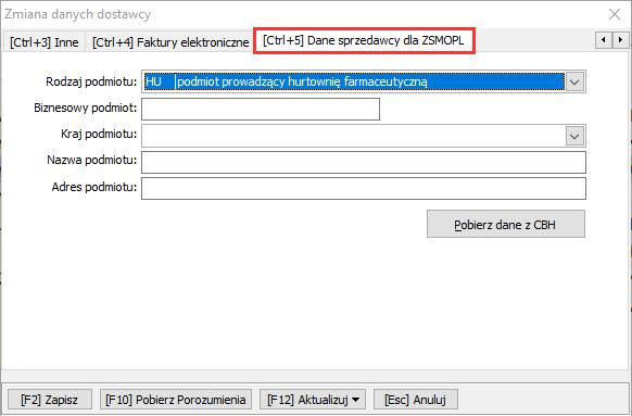 - Rodzaj podmiotu dla ZSMOPL - domyślnie dla pacjentów/odbiorców jest ustawiony OF osoba indywidualna, dla dostawców należy ustawić odpowiedni podmiot gospodarczy z dostępnej listy. 2.