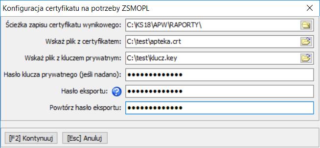 Rys. 2 Konfiguracja certyfikatu na potrzeby ZSMOPL Po uzupełnieniu powyższych danych, należy wybrać przycisk [F2] KONTYNUUJ.