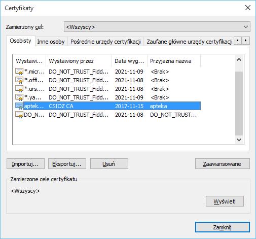 Rys. 14 Certyfikaty Wśród certyfikatów odnajdujemy certyfikat wystawiony przez CSIOZ CA