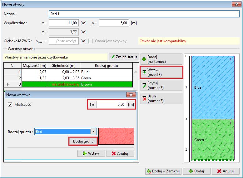 warstwy (Red, miąższość 0.5 m) wybierając "Wstaw (przed 3)". (Wybierając opcję "Dodaj tekstowo" żaden z otworów nie może zostać wybrany w tabeli).