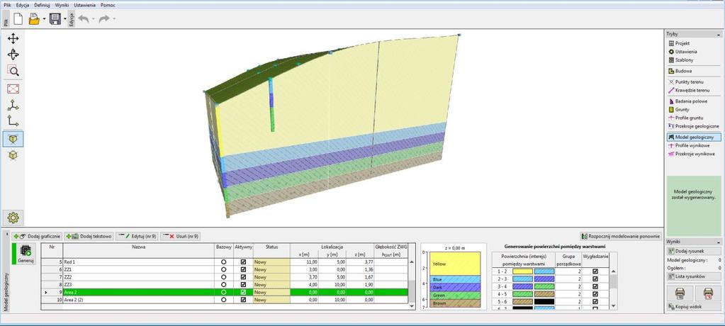 Po wygenerowaniu modelu wygląda on inaczej, niż zakładaliśmy - wprowadzone warstwy zachodzą na cały obszar modelu (również poza uskok).