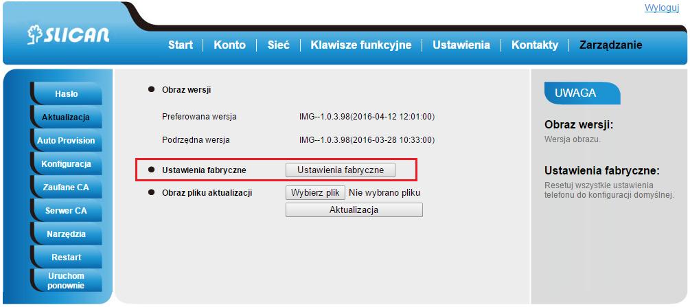 57 9. Zarządzanie aktualizacja 9.1. Start Informacje na temat aktualnej wersji oprogramowania możemy znaleźć w sekcji Start z poziomu interfejsu webowym.