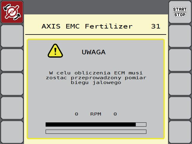 Praca rozsiewacza ze sterownikiem maszyny AXIS EMC ISOBUS 5 Podczas pomiaru biegu jałowego pojawia się następujące okno. Rysunek 5.