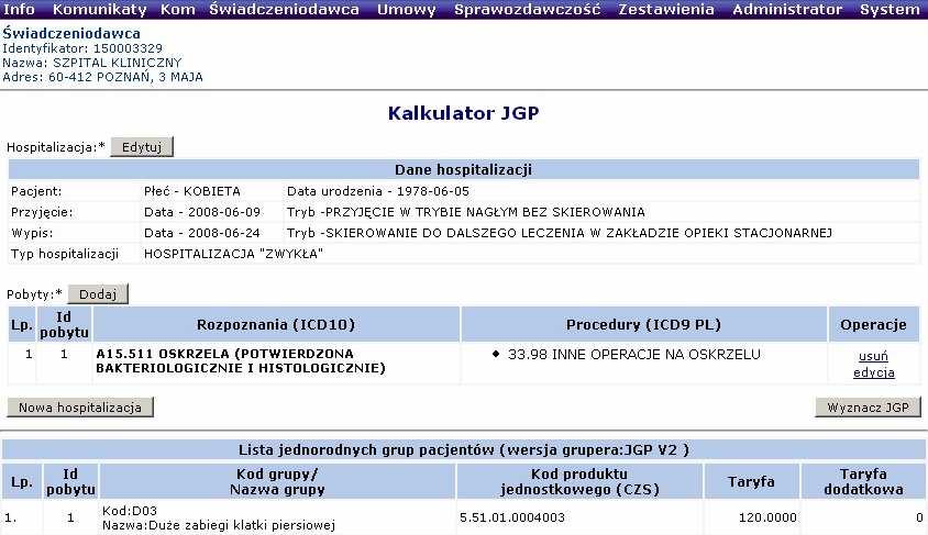 Aby zakończyć proces dodawania pobytu do hospitalizacji moŝna Zatwierdzić lub Anulować pobyt. Dla jednej hospitalizacji moŝna wprowadzić kilka pozycji dotyczących rozpoznania oraz procedury.