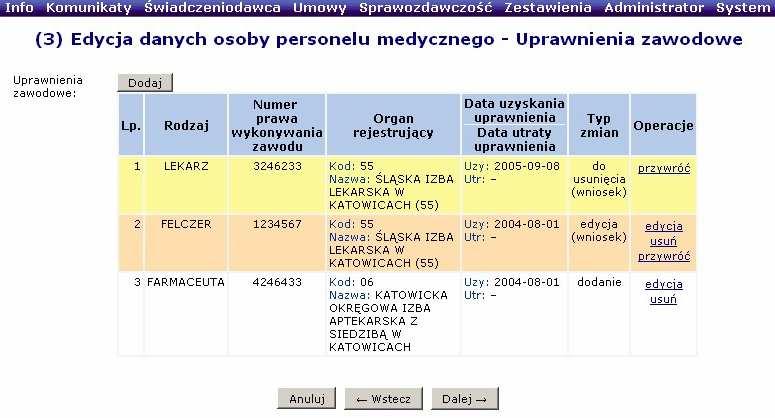 W ostatniej kolumnie znajduje się takŝe opcja Usuń, która umoŝliwia dezaktywację odpowiedniej pozycji. Podczas tej operacji naleŝy podać odpowiednie uzasadnienie.