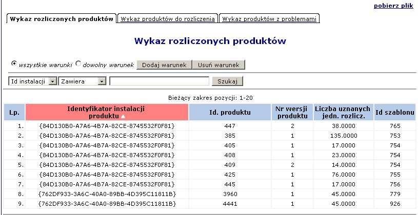Rys. 7.3 Przykładowe okno przeglądania bieŝącego rozliczenia 7.4 Pobieranie pliku umowy Oprócz opcji umoŝliwiającej przeglądanie umowy, w obszarze Umowy dostępna jest operacja pobierania pliku umów.