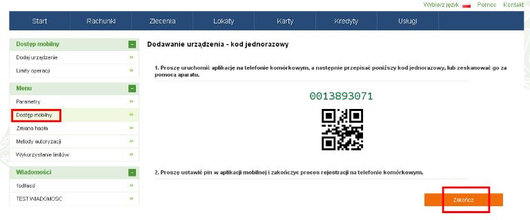 Rysunek 5: Kod jednorazowy Po użyciu przycisku Zakończ, zakończony zostanie proces dodawania urządzenia.
