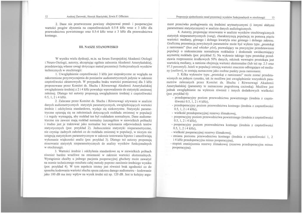 12 Andrzej Żarowski. Henryk Skarżyński, Erwin F. Offeciers 2. Dane nie przetworzone powinny obejmować przed- l pooperacyjne wartości progów słyszenia na częstotliwościach 0.
