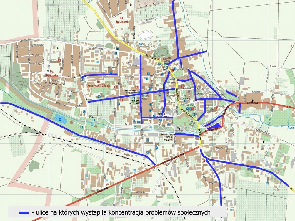 Przestrzenne rozmieszczenie ulic, na których analiza danych statystycznych wykazała koncentrację problemów