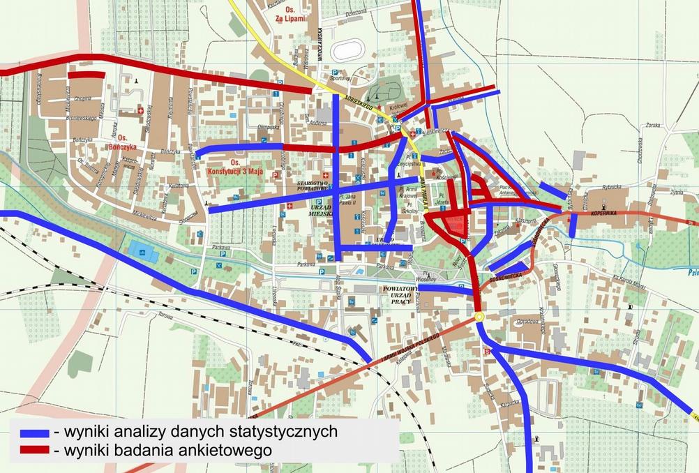 wykazujący zwiększonej koncentracji w żadnej części miasta. W celu wskazania potencjalnego obszaru zdegradowanego na wyniki analizy danych statystycznych nałożone zostały wyniki badań ankietowych.