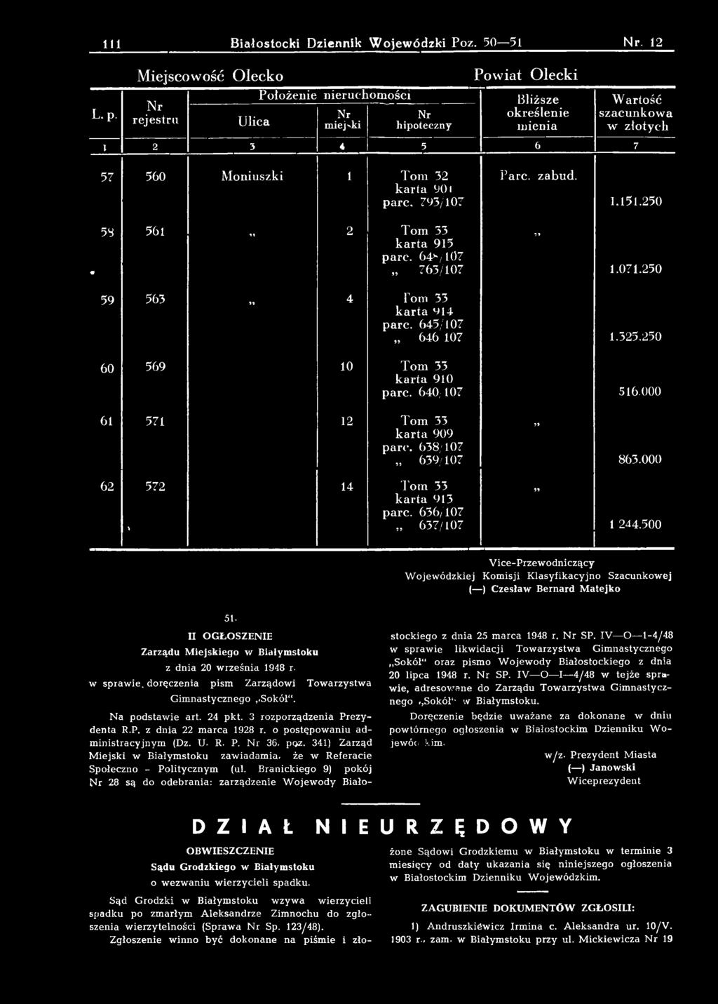 w spraw ie, doręczenia pism Zarządow i Tow arzystw a G im nastycznego,,sokół". N a podstaw ie art. 24 pkt. 3 rozporządzenia Prezydenta R.P. z dnia 22 m arca 1928 r.