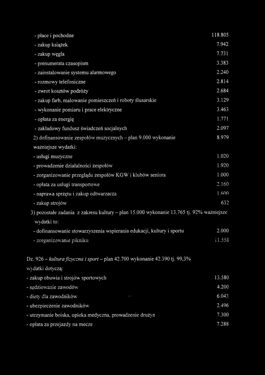 097 2) dofinansowanie zespołów muzycznych - plan 9.000 wykonanie 8.979 ważniejsze wydatki: - usługi muzyczne 1.020 - prowadzenie działalności zespołów 1.