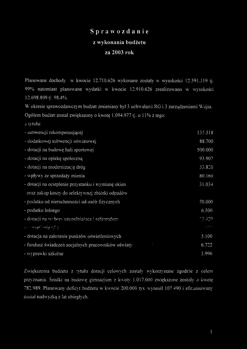 o 11% z tego: z tytułu: - subwencji rekompensującej 135.518 - dodatkowej subwencji oświatowej 88.700 - dotacji na budowę hali sportowej 500.000 - dotacji na opiekę społeczną 93.