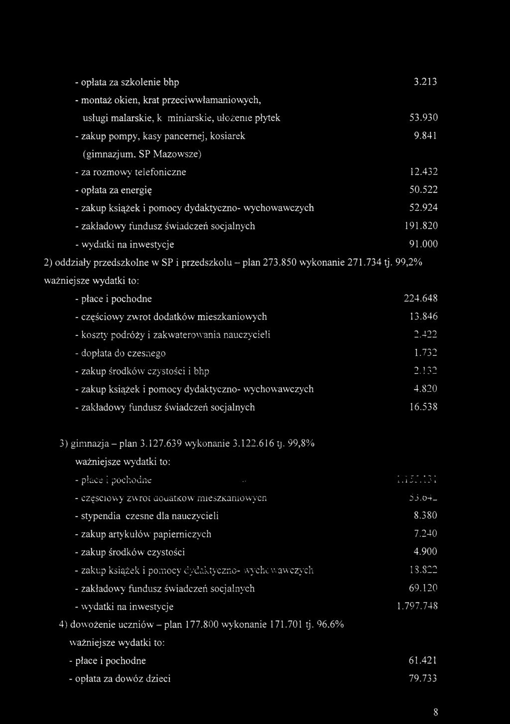 820 - wydatki na inwestycje 91.000 2) oddziały przedszkolne w SP i przedszkolu - plan 273.850 wykonanie 271.734 tj. 99,2% ważniejsze wydatki to: - płace i pochodne 224.