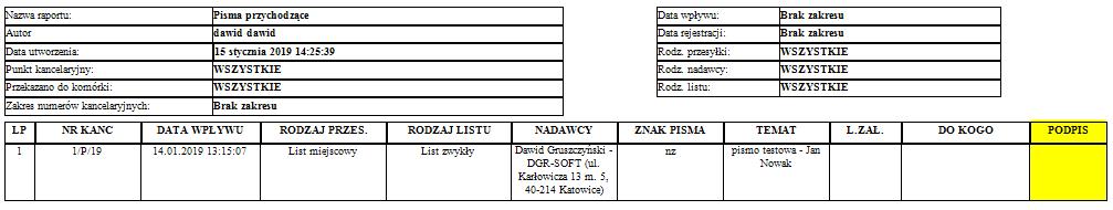 Raport pism przychodzących z miejscem na podpis Na oknie generacji Raportu Pism Przychodzących dodano checkbox Pokaż kolumnę podpis.