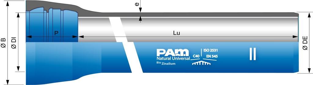 Rury NATURAL Zinalium ze złączami blokowanymi UNIVERSAL Vi DN Lu Ciśnienie Klasa niszczące e Ø DE Ø DI P Ø B mm m bar mm mm mm mm mm 80 5,970 C100 300 6,1 97,8 101,4 143 158 100 5,970 C100 300 6,1