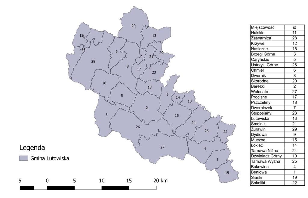 Mapa 1. Podział administracyjny gminy 2 Źródło: opracowanie własne 2 Dane pochodzą z Centralnego Ośrodka Dokumentacji Geodezyjnej i Kartograficznej- Państwowy Rejestr Granic.
