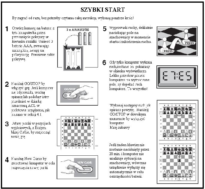 SPIS TREŚCI SZYBKI START FUNKCJE I KLAWISZE WPROWADZENIE 1. UśYWANIE KOMPUTERA 1.1 Instalacja baterii 1.2 Wykonywanie ruchu 1.3 Ruch komputera 1.4 Zmieniłeś zdanie? Cofnij ruch! 1.5 Szach mat lub remis!