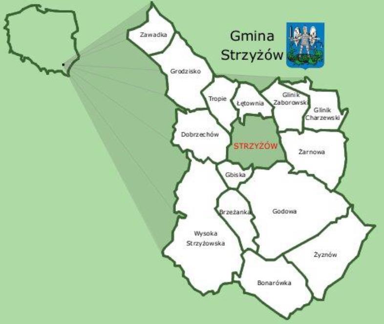 Rysunek 1. Lokalizacja Gminy Strzyżów Źródło: www.strzyzow.pl Centralnym punktem gminy jest miasto Strzyżów, które pełni rolę ośrodka administracyjno-kulturowego gminy.