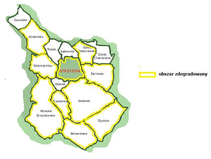 1. Bonarówka 2. Brzeżanka 3. Dobrzechów 4. Glinik Zaborowski 5. Grodzisko 6. Godowa 7. Wysoka Strzyżowska 8. Żarnowa 9. Żyznów 10. Strzyżów Rysunek 9. Obszar zdegradowany w Gminie Strzyżów 4.