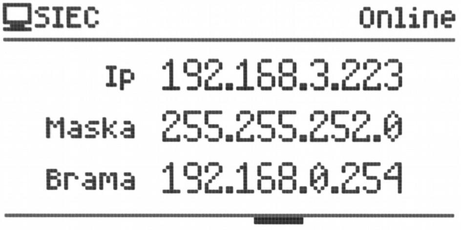 stan podłączenia przewodu sieciowego adres IP, Maska i Brama sieciowa stan podłączenia do platformy esterownik.