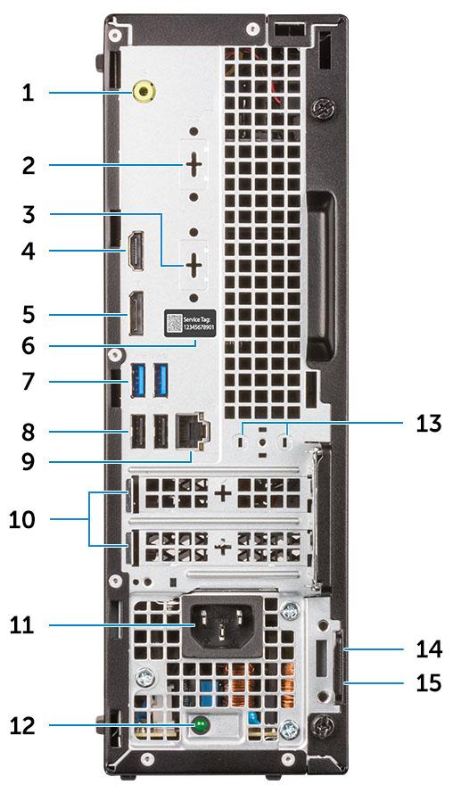Widok z tyłu 1 Złącze wyjścia liniowego 2 Port szeregowy (opcjonalnie) 3 Port DP/HDMI2.0b/VGA (opcjonalnie) 4 Port HDMI 5 Złącze DisplayPort 6 Znacznik serwisowy 7 Porty USB 3.