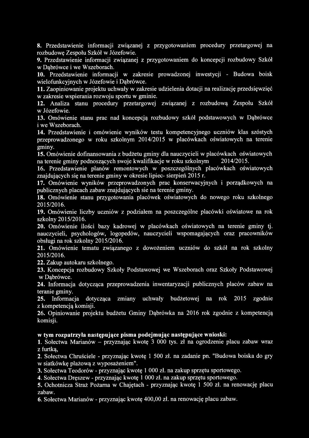 Przedstawienie informacji w zakresie prowadzonej inwestycji - Budowa boisk wielofunkcyjnych w Józefowie i Dąbrówce. 11.