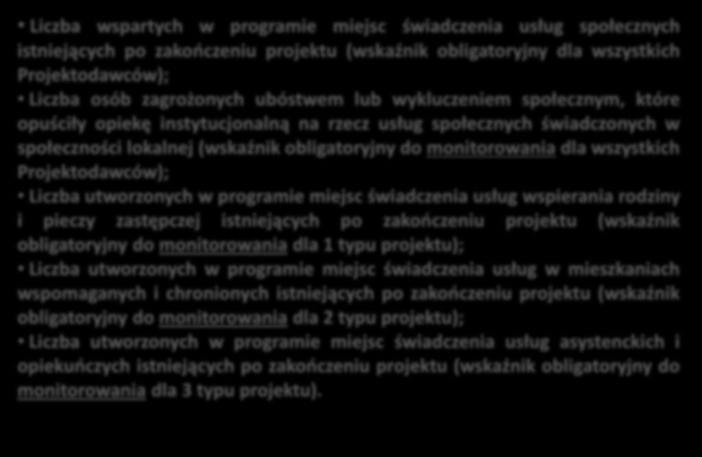 pieczy zastępczej w programie (wskaźnik obligatoryjny do monitorowania dla 1 typu projektu); Liczba osób zagrożonych ubóstwem lub wykluczeniem społecznym objętych usługami w postaci mieszkań