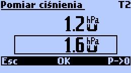 4. POMIARY 4.1. Pomiar ciśnienia Rysunek 37. Ekran pomiaru ciśnienia. Pomiar ciśnienia uruchamiany jest z poziomu ekranu Akcja i pozwala szybki pomiar ciśnienia różnicowego.