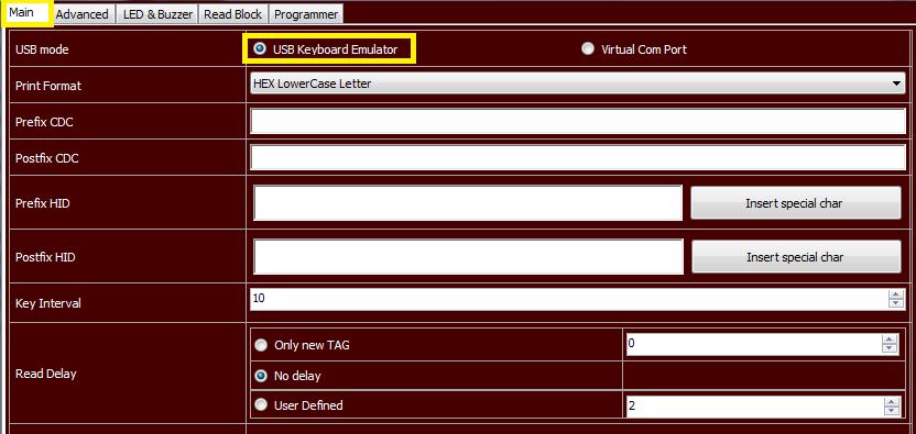 6.4 Tryb emulatora klawiatury HID W zakładce Main znajdują się główne ustawienia dotyczące trybów pracy czytnika.
