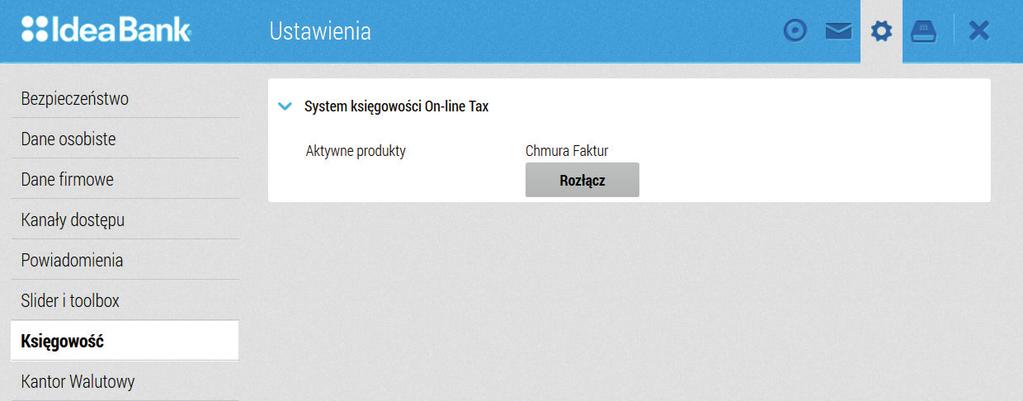 Dezaktywacja usług Tax Care rozłączenie systemów Aby rozłączyć konto Idea Cloud z usługami Tax Care, zaloguj się do Idea