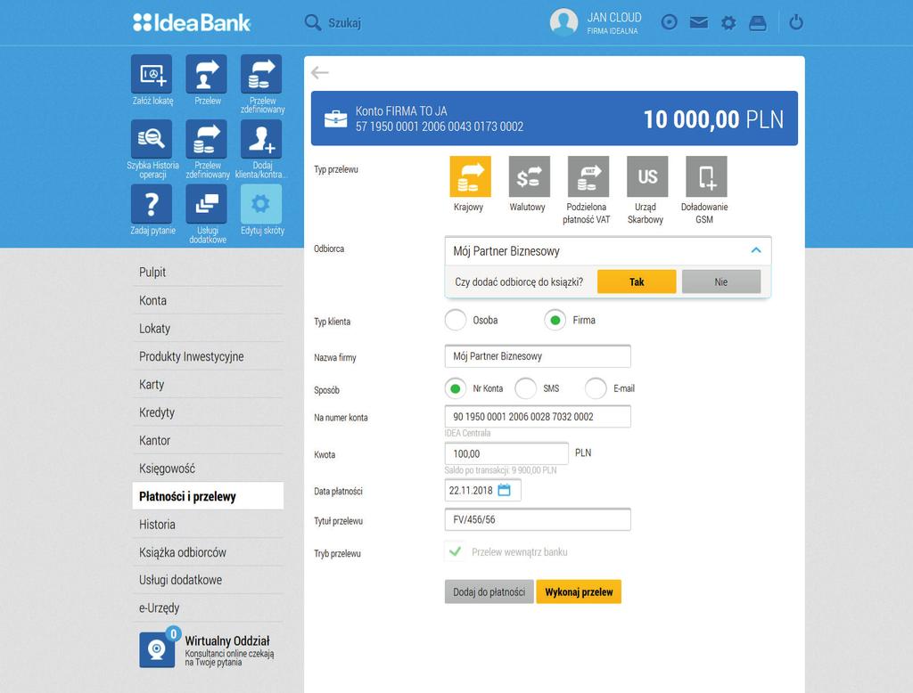 Automatyczne oznaczanie płatności Żeby dane kontrahenta zapisały się w Książce Odbiorców Idea Cloud, należy w polu Odbiorca zatwierdzić opcję Czy dodać odbiorcę do książki? [].