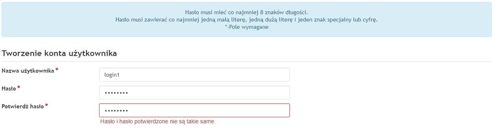 2. Tworzenie konta 8 Rys. 5. Pola błędnie uzupełnione/nieuzupełnione obowiązkowe 2.2. Konto z wykorzystaniem zaufanego profilu epuap Użytkownik może wybrać ten sposób tworzenia konta tylko wtedy, jeżeli posiada potwierdzony profil zaufany w systemie epuap.