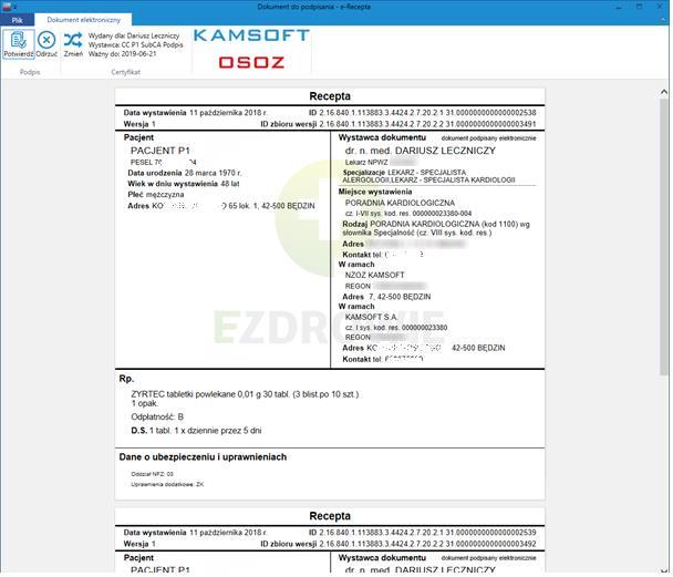 Rys. 4. Ordynacja leków. Lek wystawiany jest w sposób standardowy poprzez wybranie go z listy leków zażywanych bądź z bazy leków.