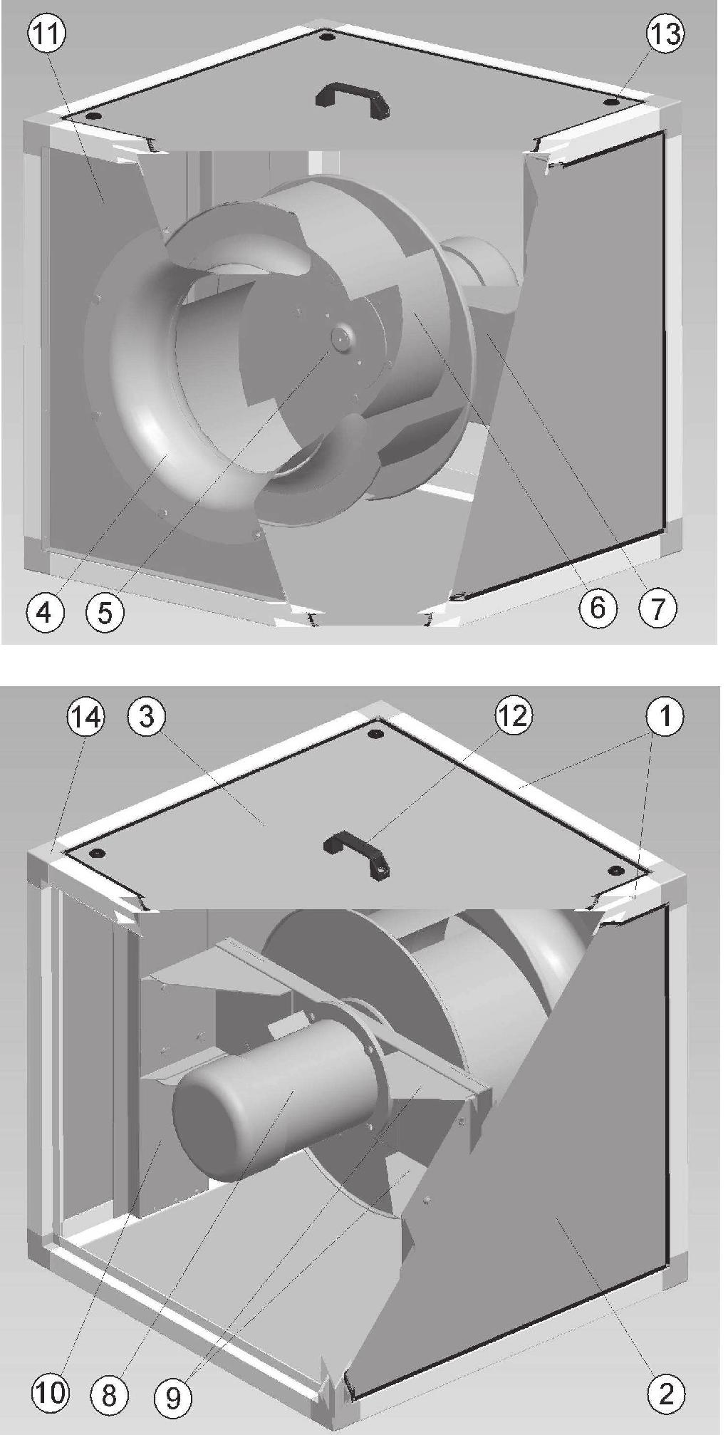 1 - profil aluminiowy 2 - płyta modułowa 3 - płyta modułowa zamykana 4 - lej wlotowy 5 - piasta wirnika 6 - wirnik 7 - uchwyt silnika 8 - silnik 9 -