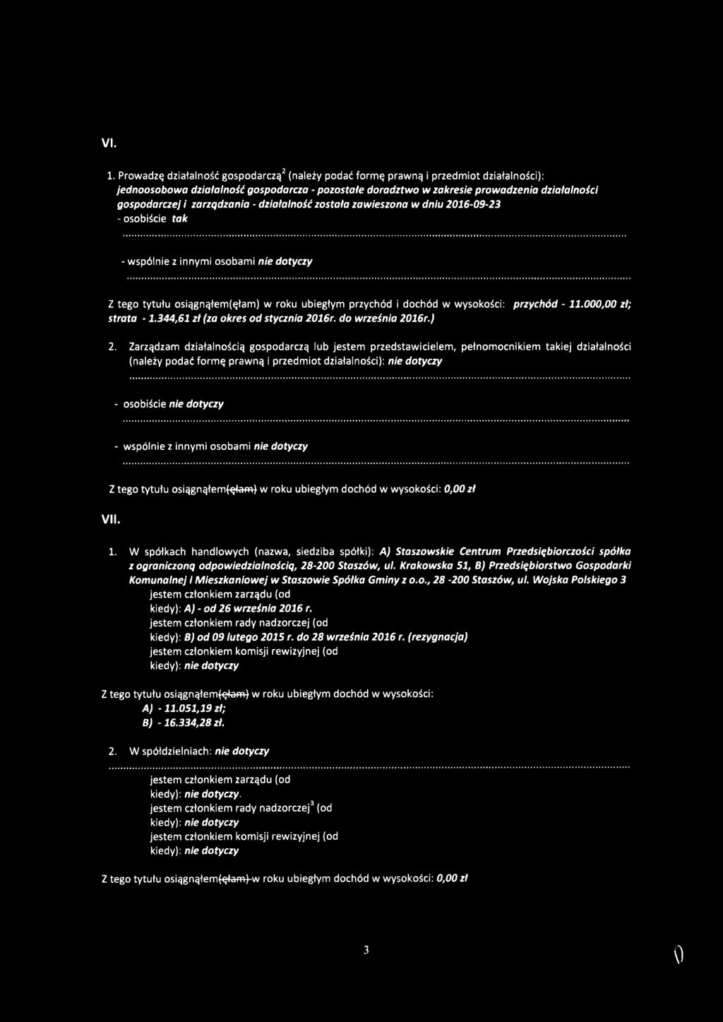 zarządzania - działalność została zawieszona w dniu 2016-09-23 - osobiście tak - wspólnie z innymi osobami Z tego tytułu osiągnąłem(ęłam) w roku ubiegłym przychód i dochód w wysokości: przychód -11.
