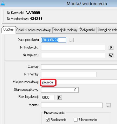 zapisywana w polu miejsce zabudowy w momencie wykonywania montażu wodomierza po