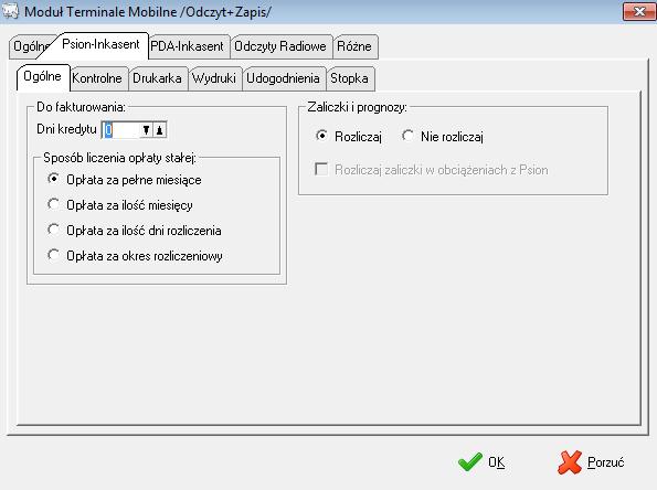 terminali. Zakładka Psion-Inkasent zawiera konfigurację dotyczącą terminala Psion.