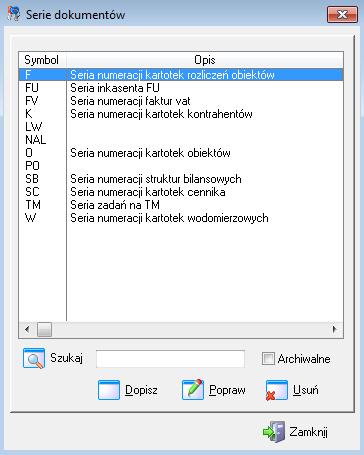 Słownik serii dokumentów - zawiera wszystkie wykorzystywane w systemie