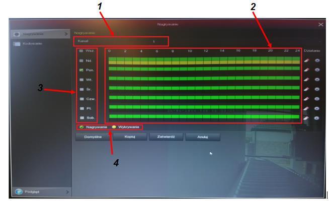 NAGRYWANIE Domyślnie (zalecane ustawienie) ustawienia nagrywania to ciągłe narywanie 24/7. Jeżeli chcemy zmienić własne ustawienia narywania należy to przestawić.