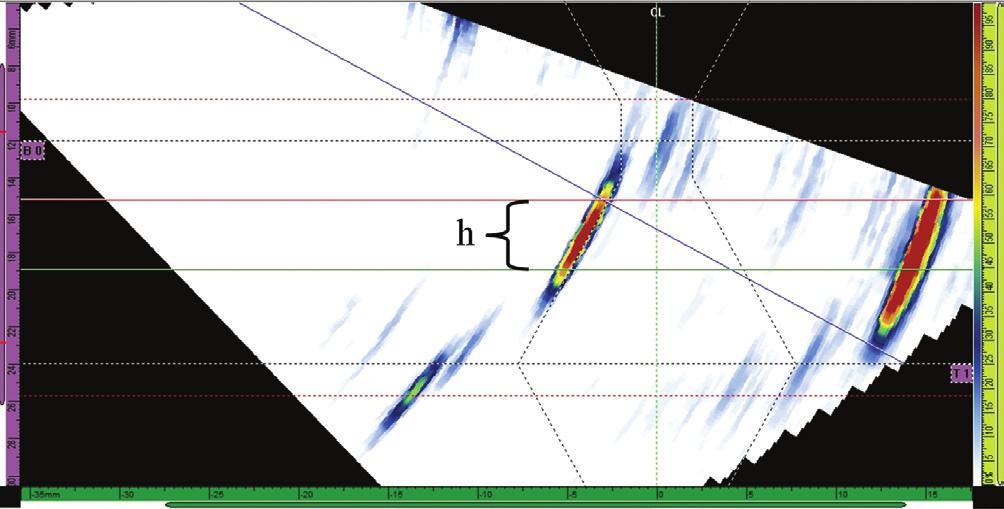 Dimensioning with 6 db drop in the height h of the indication from edge sticking in a 12 mm thick welded joint opisanego w ISO 11666 (np.