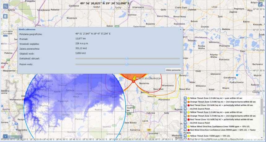 Mapowe narzędzia analityczne narzędzia wspomagania decyzji strefy zalewowe Dane wskazane strefy zalewowej: punkt centralny, promień obszaru, wysokość względna