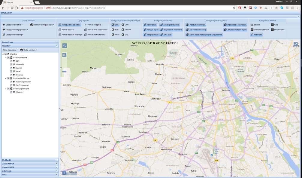 WAZkA COP Moduł mapowy - wizualizacji i zarządzania danymi kryzysowymi oferujący narzędzia kalkulacji geolokalizacyjnych Narzędzia mapowe [narzędzia kalkulacyjne i