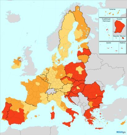 Scenariusz 1: Wsparcie dla wszystkich regionów europejskich Kategorie regionów Słabiej rozwinięte: PKB na mieszkańca < 75 % średniej UE-27 W okresie przejściowym: PKB na mieszkańca >= 75 % i < 100 %