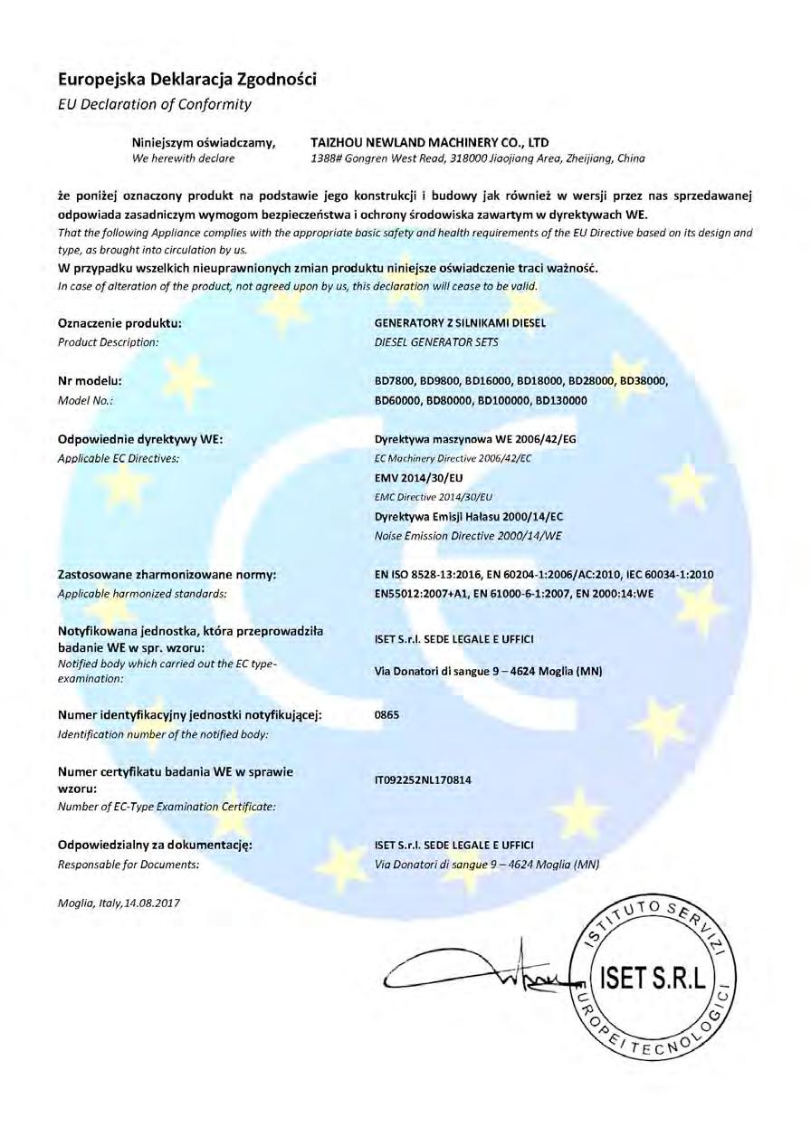 Producent agregatu prądotwórczego jest odpowiedzialny za pełną