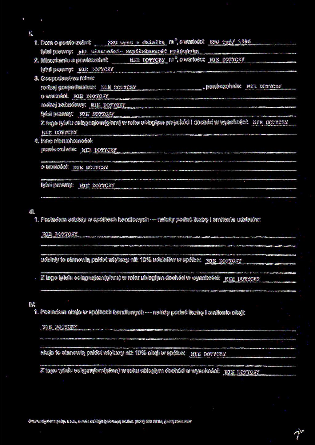 II. 1. Dom o powierzchni: _ 220 wraz z działka m 2, o wartości:..6_90 tyś/..1996 tytuł prawny: akt własności- współwłasność małżeńska 2. Mieszkanie o powierzchni:.