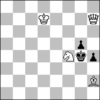 12 pochwała - nr 1612 - Władimir KOŻAKIN & Alana UTAROWA W miniaturze z dwoma bliźniakami maty hetmanem i skoczkiem z dwóch pól: d7 i b6. a)1 c5 2.H:a7 Kd8 3.Hd7# 1.He4? ~2.Ha8# 1 c5,c6 2.Hc6+ Kd8 3.